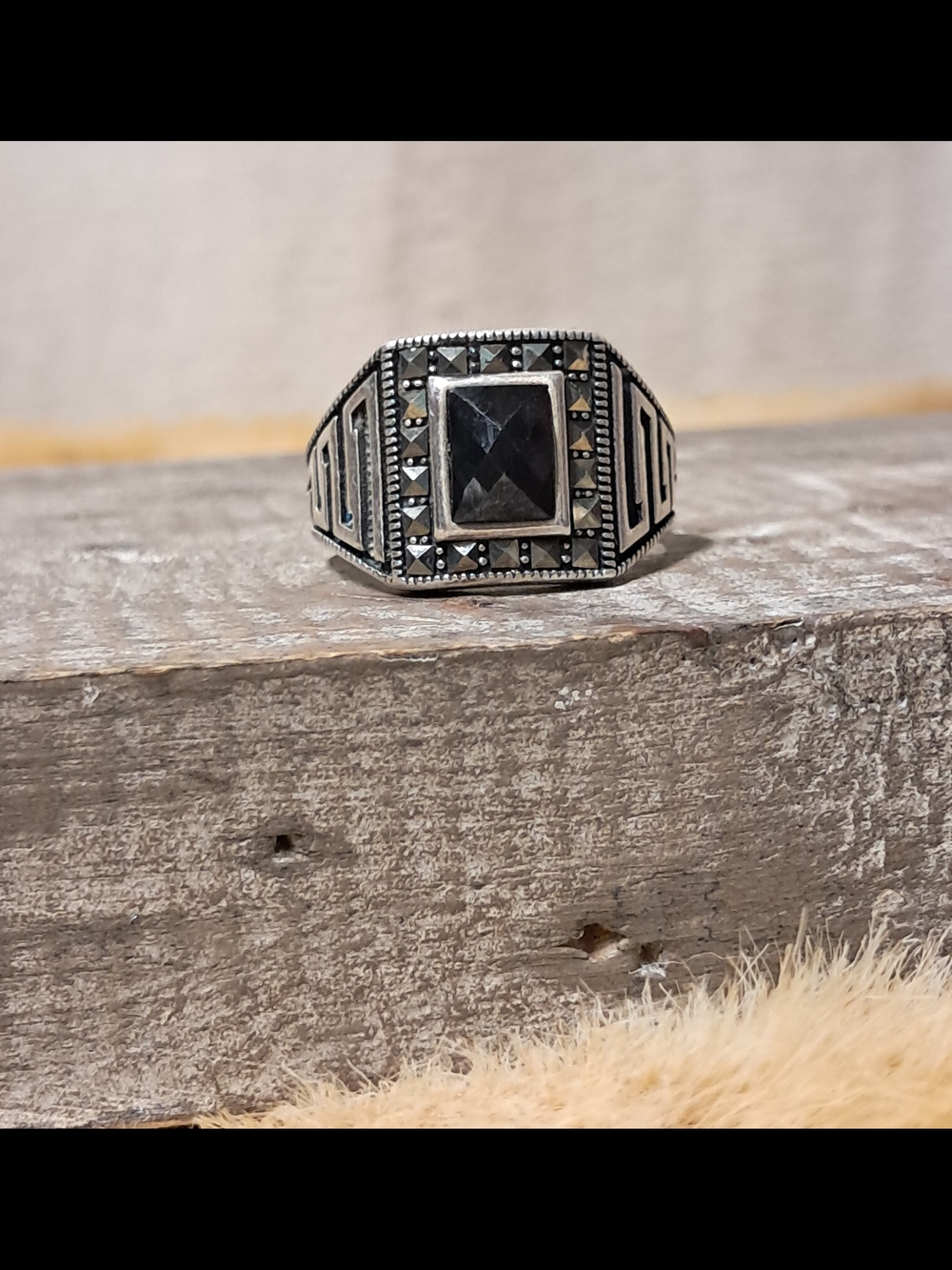 Vintage Art Deco 925 Sterling Silver Black Onyx Signet Ring Size 10.5 - Picture 2 of 7